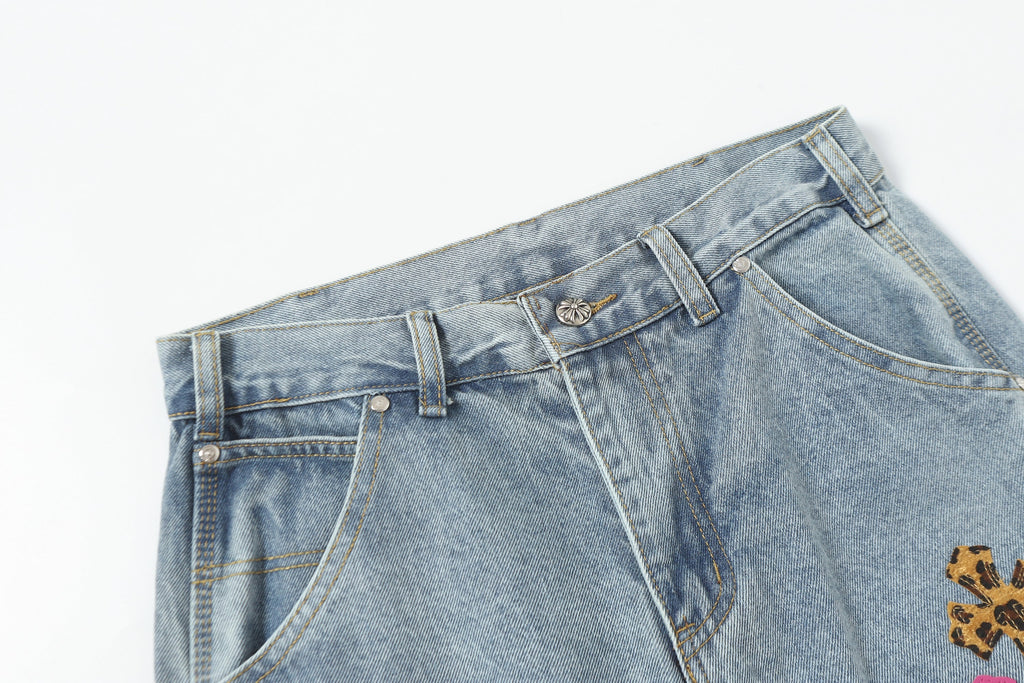 Chrome Hearts Vintage Cross Patchwork Washed Carpenter Denim Shorts 201